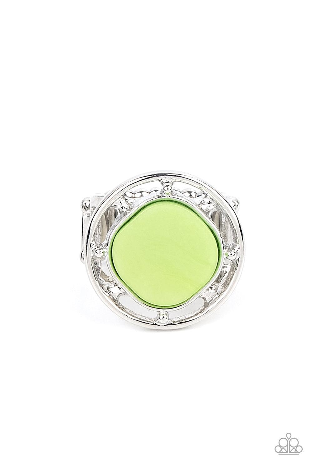 Paparazzi Accessories Encompassing Pearlescence - Green A pearly green square bead, featuring rounded edges, is encircled with an airy silver compass like frame creating a shimmering centerpiece atop the finger. Features a stretchy band for a flexible fit
