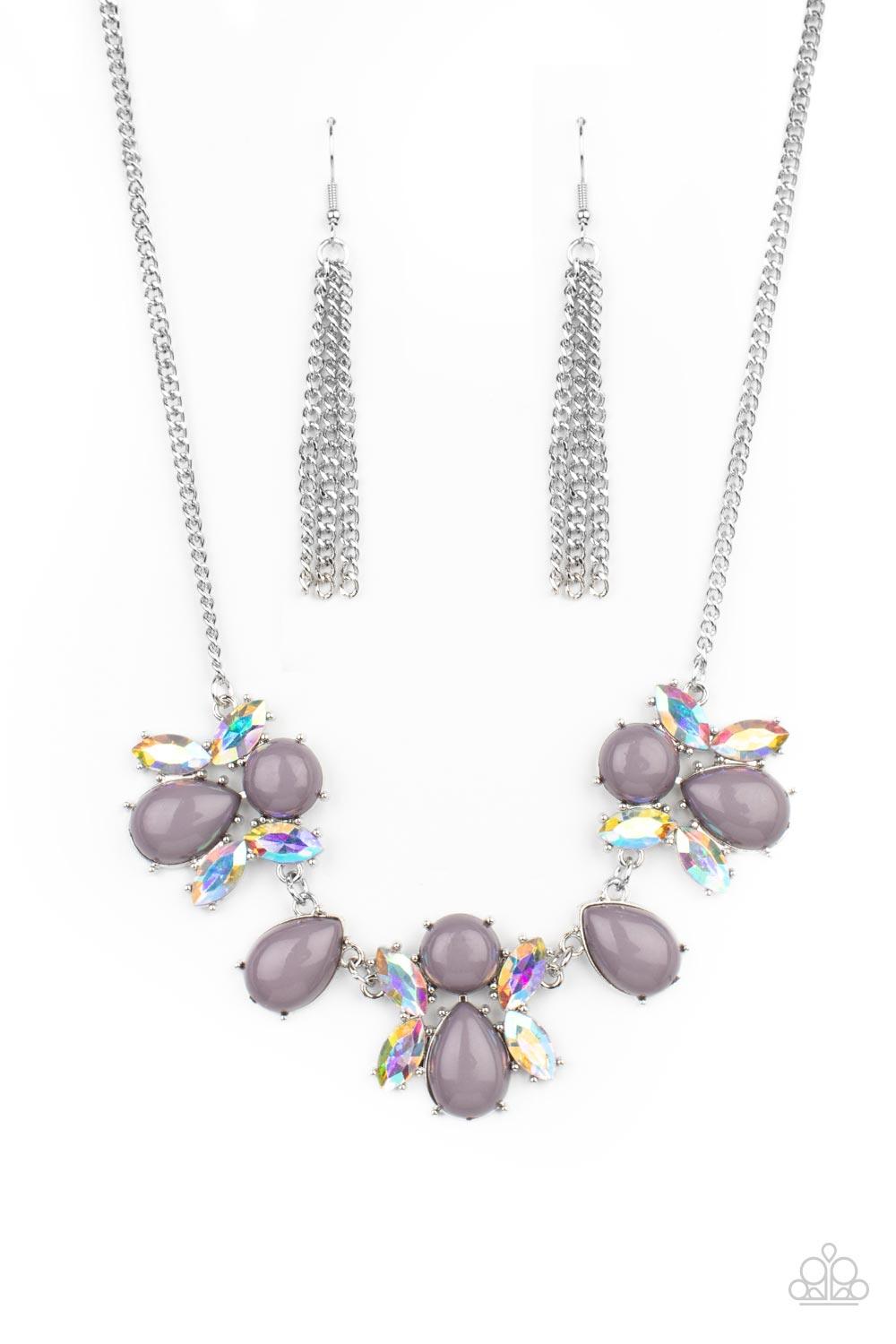 Paparazzi Accessories Galaxy Gallery - Silver A bubbly collection of round and teardrop Ultimate Gray beads coalesce with iridescent marquise cut rhinestones below the collar, creating a stellar centerpiece. Features an adjustable clasp closure. Sold as o