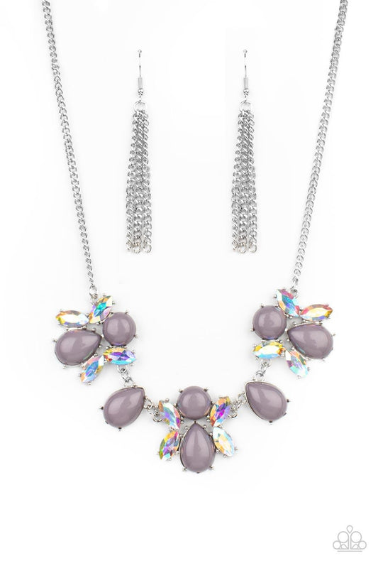 Paparazzi Accessories Galaxy Gallery - Silver A bubbly collection of round and teardrop Ultimate Gray beads coalesce with iridescent marquise cut rhinestones below the collar, creating a stellar centerpiece. Features an adjustable clasp closure. Sold as o