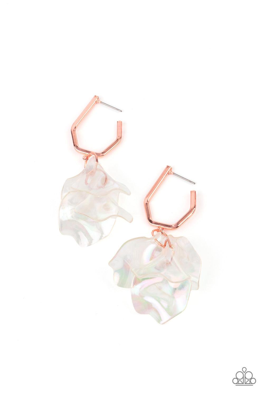 Paparazzi Accessories Jaw-Droppingly Jelly - Copper A cluster of iridescent acrylic petals swing from the bottom of a dainty shiny copper geometric hoop, creating an ethereal edge. Earring attaches to a standard post fitting. Hoop measures approximately 1