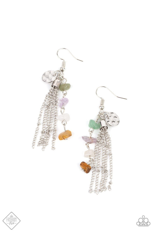 Paparazzi Accessories Stone Sensation A hammered silver disc, silver chain tassel, and strand of raw cut multicolored rock beads delicately stream from the ear, creating an earthy fringe. Earring attaches to a standard fishhook fitting. Sold as one pair o