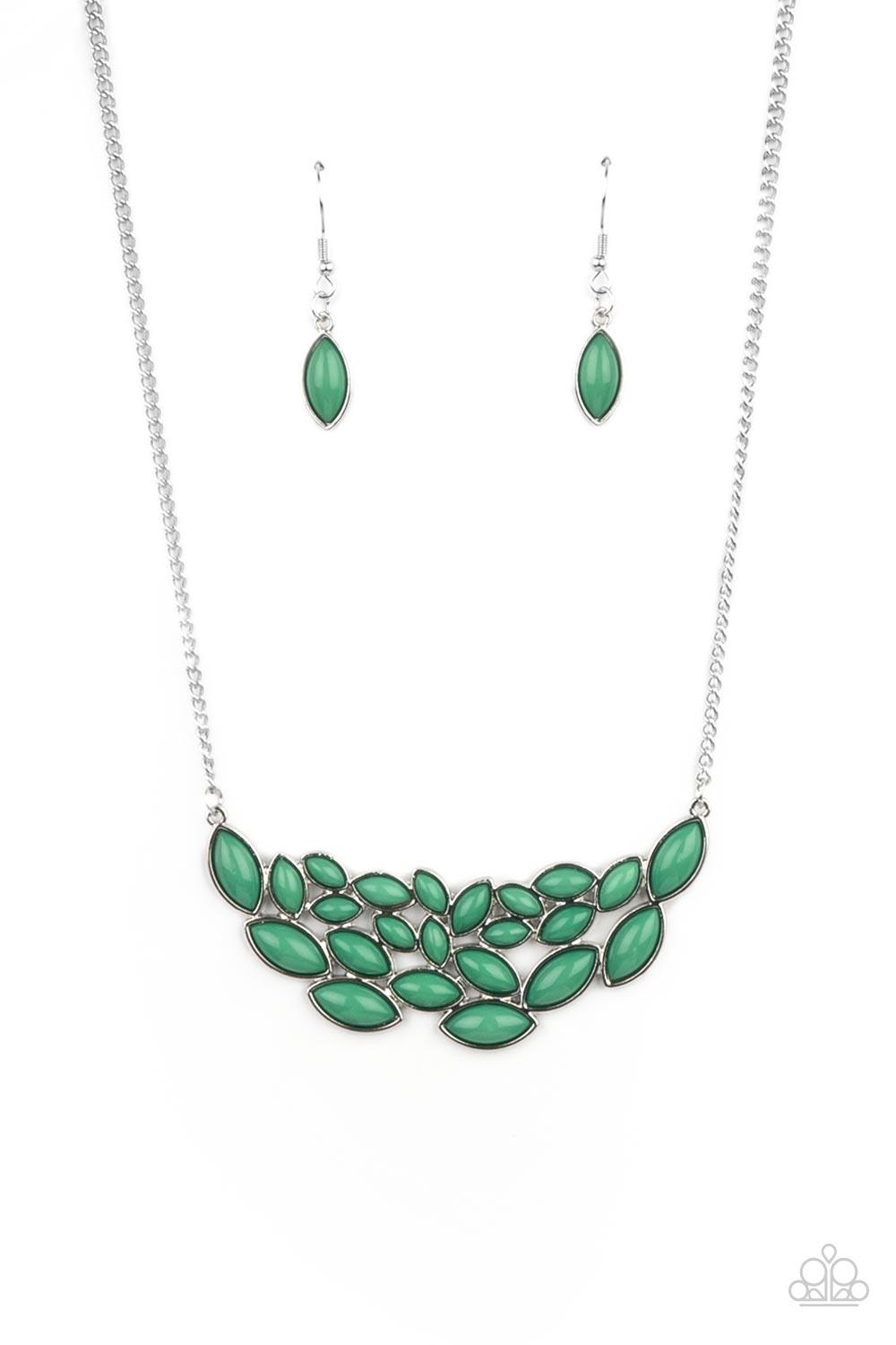 Paparazzi Accessories Eden Escape - Green Encased in sleek silver frames, a collection of marquise shaped Mint beads delicately coalesce into a leafy pendant below the collar for a whimsical pop of color. Features an adjustable clasp closure. Sold as one