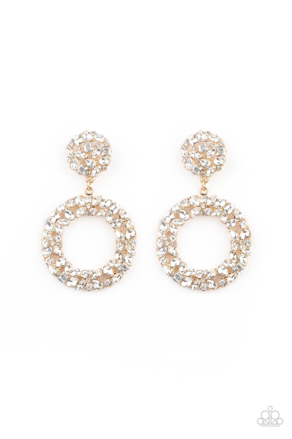 Paparazzi Accessories Party Ensemble - Gold A sparkly wreath of marquise, square, teardrop, and classic white rhinestones delicately swings from the bottom of a matching round golden frame, creating a dramatically dazzling statement piece. Earring attache
