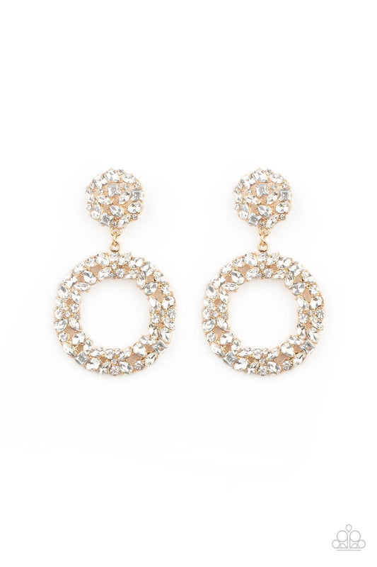 Paparazzi Accessories Party Ensemble - Gold A sparkly wreath of marquise, square, teardrop, and classic white rhinestones delicately swings from the bottom of a matching round golden frame, creating a dramatically dazzling statement piece. Earring attache