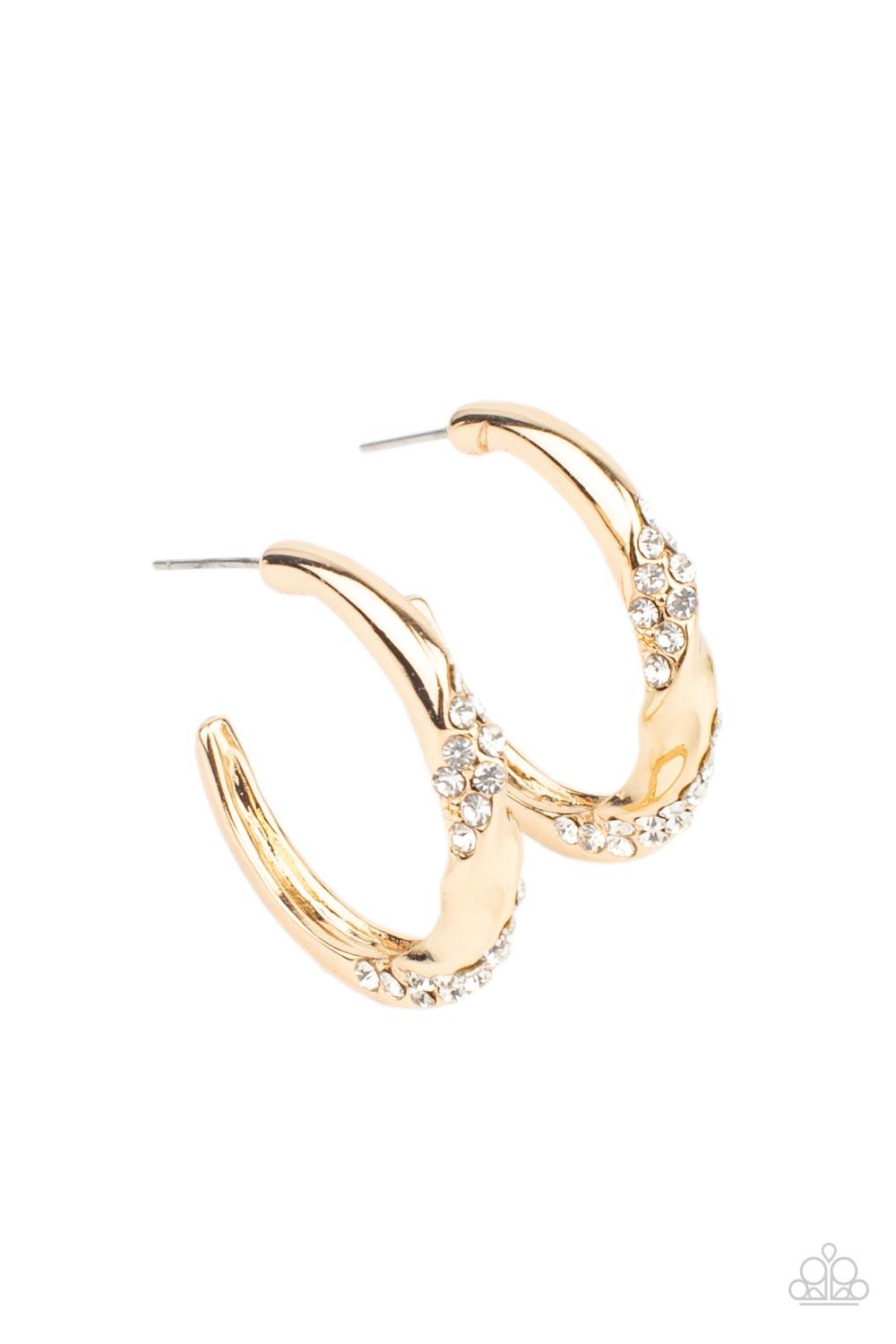 Paparazzi Accessories Subliminal Shimmer - Gold Ribbons of white rhinestones wrap around a dainty gold hoop that has been chiseled and twisted, adding extra dimension. Earring attaches to a standard post fitting. Hoop measures approximately 1" in diameter