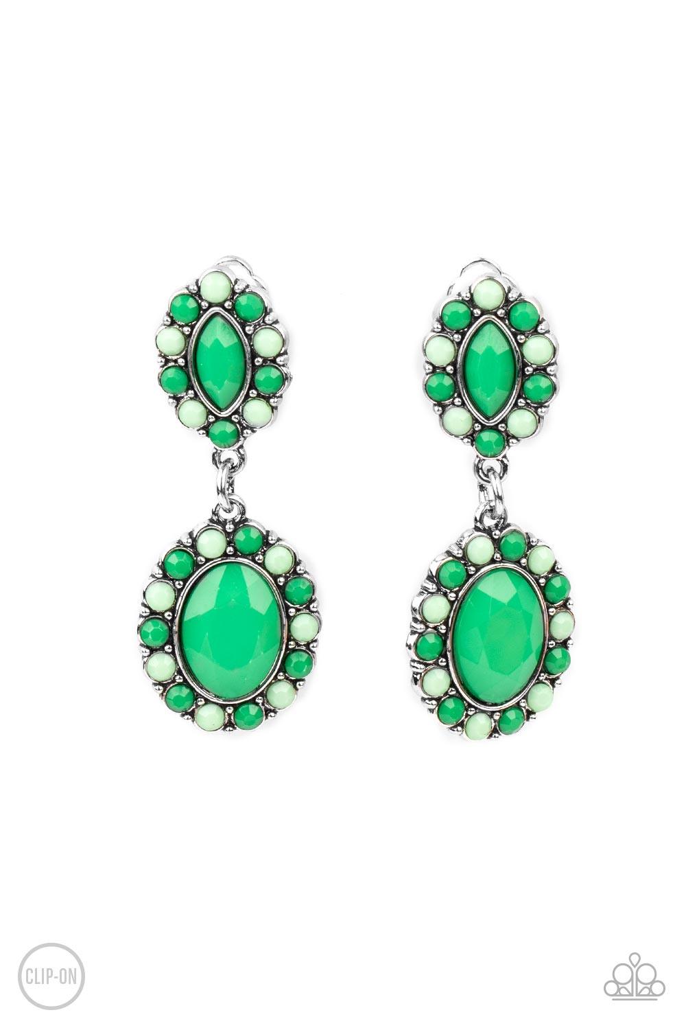 Paparazzi Accessories Positively Pampered - Green *Clip-On Bordered in dainty Mint and Green Ash beads, a pair of marquise and oval Mint beads delicately link into a colorful lure for a fresh pop of color. Earring attaches to a standard clip-on fitting. S