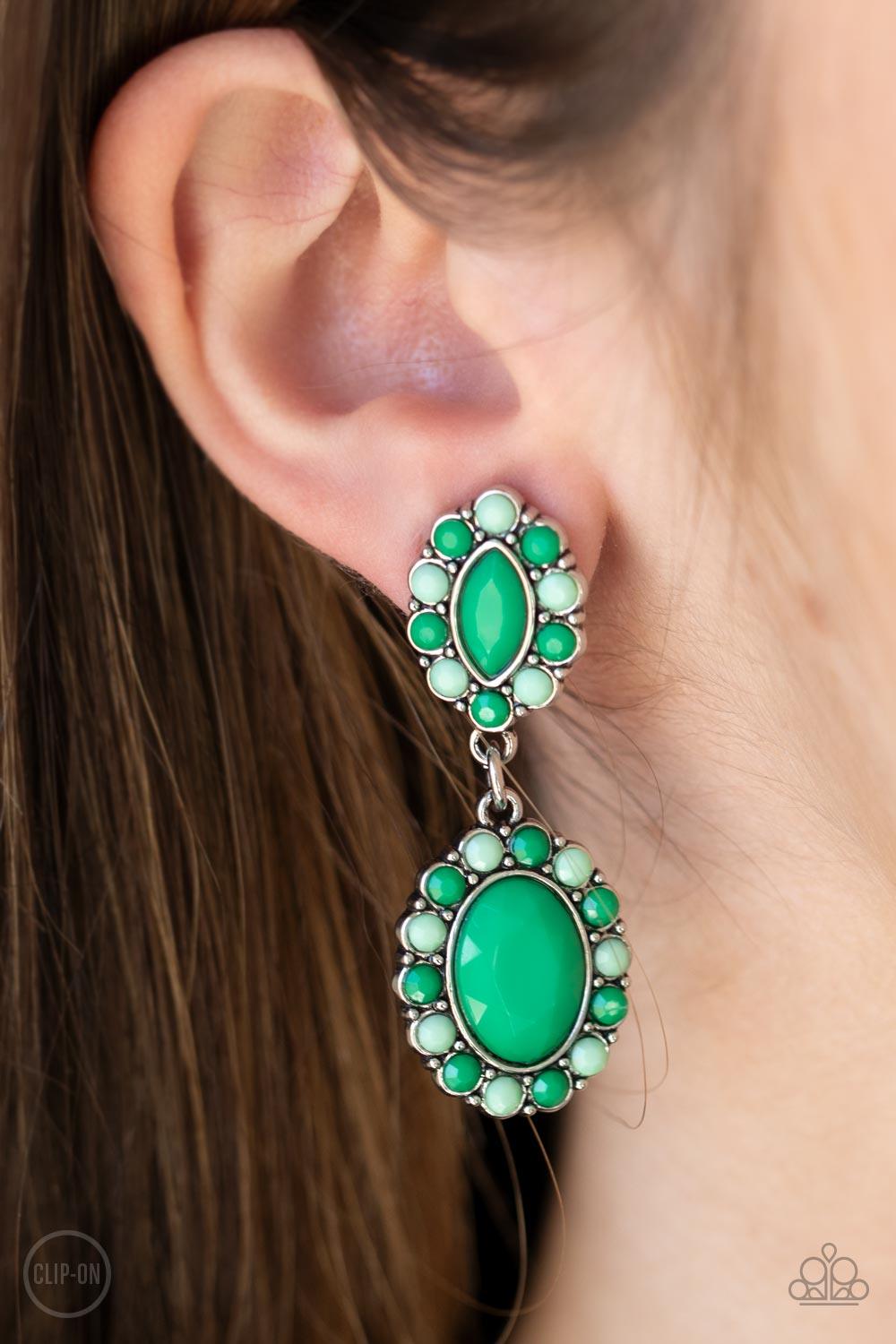 Paparazzi Accessories Positively Pampered - Green *Clip-On Bordered in dainty Mint and Green Ash beads, a pair of marquise and oval Mint beads delicately link into a colorful lure for a fresh pop of color. Earring attaches to a standard clip-on fitting. S