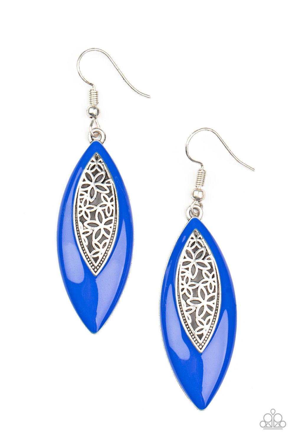 Paparazzi Accessories Venetian Vanity - Blue Asymmetrically bordered in a bright Mykonos Blue frame, airy silver filigree blooms along the center of a colorful lure for a seasonal flair. Earring attaches to a standard fishhook fitting. Sold as one pair of
