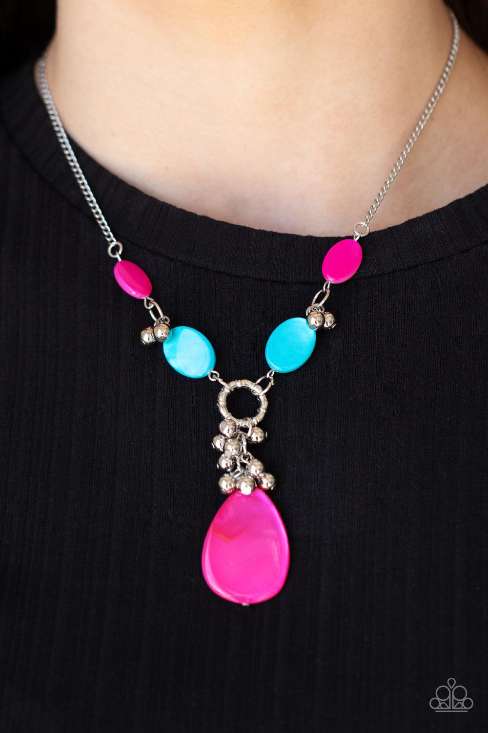 Paparazzi Accessories Summer Idol - Multi Oval blue and pink shell-like beads link with pairs of dainty silver beads below the collar. A cluster of shiny silver beads and oversized pink shell-like teardrop swings from the bottom, creating a vibrant summer