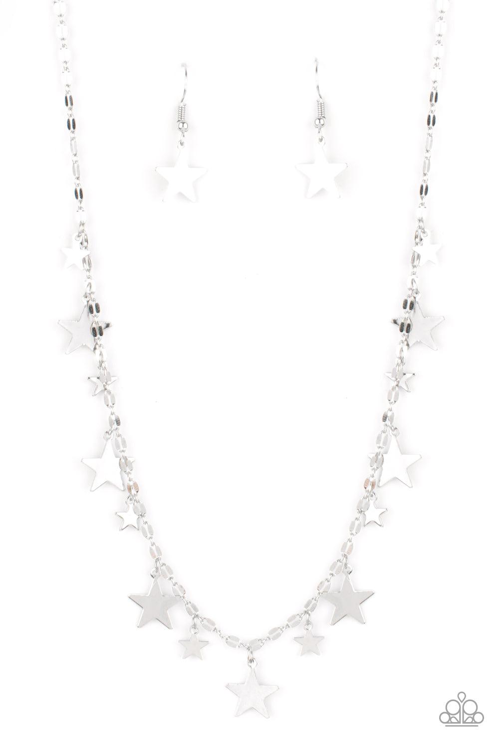 Paparazzi Accessories Starry Shindig - Silver Varying in size, dainty shiny silver stars alternate along a decorative silver chain, creating a stellar fringe below the collar. Features an adjustable clasp closure. Sold as one individual necklace. Includes