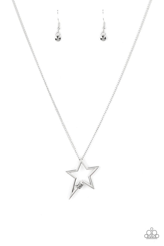Paparazzi Accessories Light Up The Sky - Silver Infused with a dainty hematite rhinestone beaded accent, a striking silver star glides along a shiny silver chain below the collar, creating a stellar pendant. Features an adjustable clasp closure. Sold as o