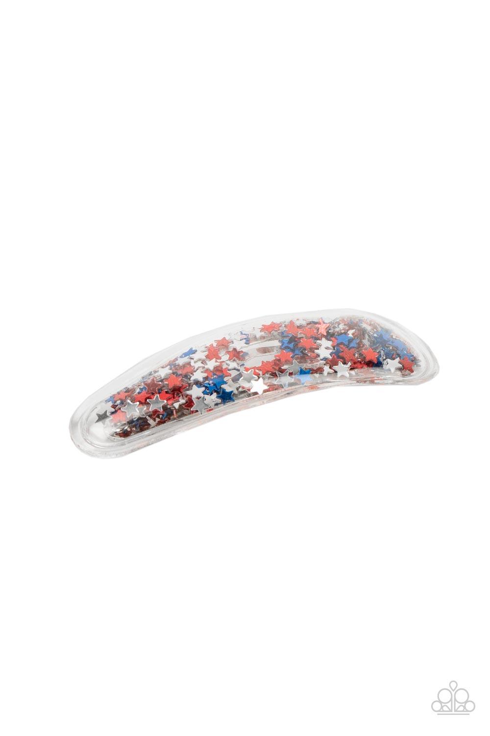 Paparazzi Accessories Oh, My Stars and Stripes - Multi A stellar collection of shimmery red, silver, and blue stars sparkle back and forth inside a clear plastic frame, creating an eye-catching twinkle. Features a standard snap hair clip on the back. Sold