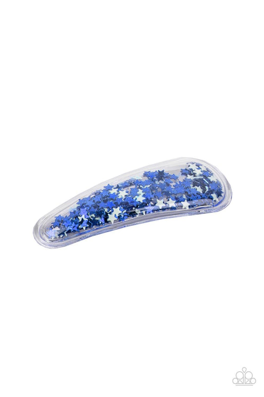 Paparazzi Accessories Oh, My Stars and Stripes - Blue A stellar collection of shimmery white and blue stars sparkle back and forth inside a clear plastic frame, creating an eye-catching twinkle. Features a standard snap hair clip on the back. Sold as one