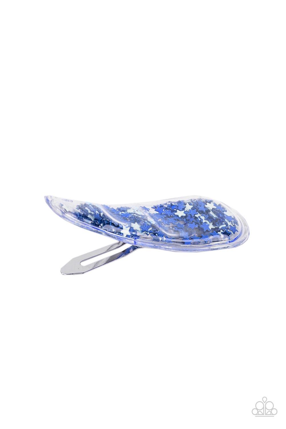 Paparazzi Accessories Oh, My Stars and Stripes - Blue A stellar collection of shimmery white and blue stars sparkle back and forth inside a clear plastic frame, creating an eye-catching twinkle. Features a standard snap hair clip on the back. Sold as one