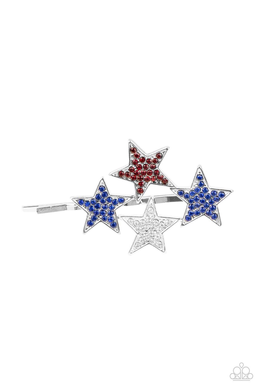 Paparazzi Accessories Stellar Celebration - Blue Dotted in red, white, and blue rhinestones, an explosion of stars adorns the front of a silver bobby pin for a stellar patriotic shimmer. Sold as one individual hair clip. Jewelry
