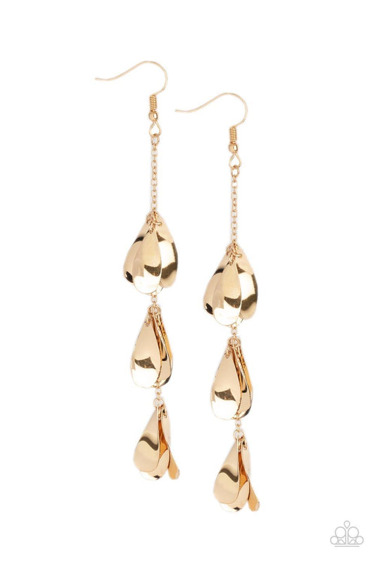 Paparazzi Accessories Arrival CHIME - Gold Clusters of shiny gold teardrop discs dangle and spin along a dainty gold chain creating a shimmery tinkling lure. Earring attaches to a standard fishhook fitting. Sold as one pair of earrings. Earrings