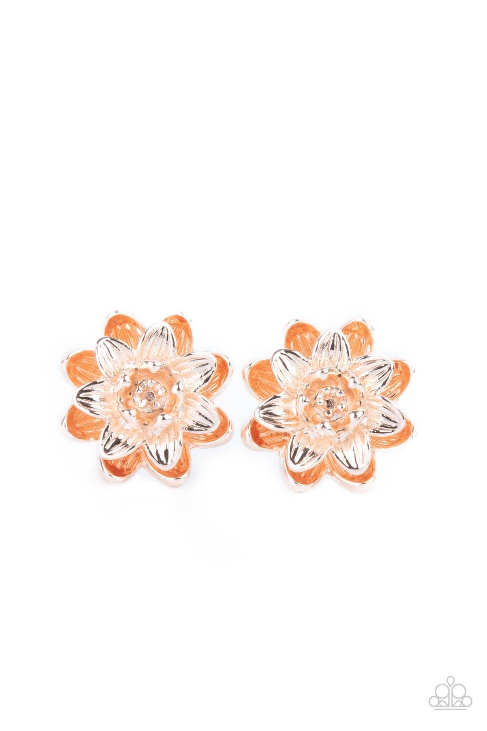 Paparazzi Accessories Water Lily Love - Rose Gold Layers of rose gold petals brushed in varying finishes burst forth in brilliant blooms creating an eye-catching three-dimensional shimmer. Earring attaches to a standard post fitting. Sold as one pair of p