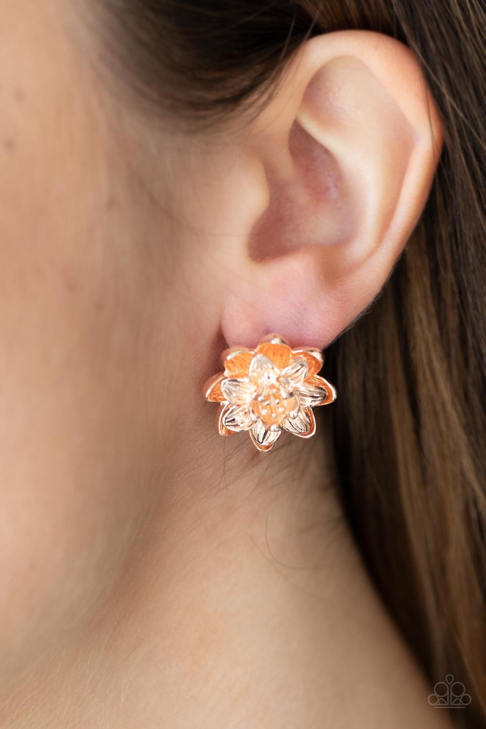 Paparazzi Accessories Water Lily Love - Rose Gold Layers of rose gold petals brushed in varying finishes burst forth in brilliant blooms creating an eye-catching three-dimensional shimmer. Earring attaches to a standard post fitting. Sold as one pair of p