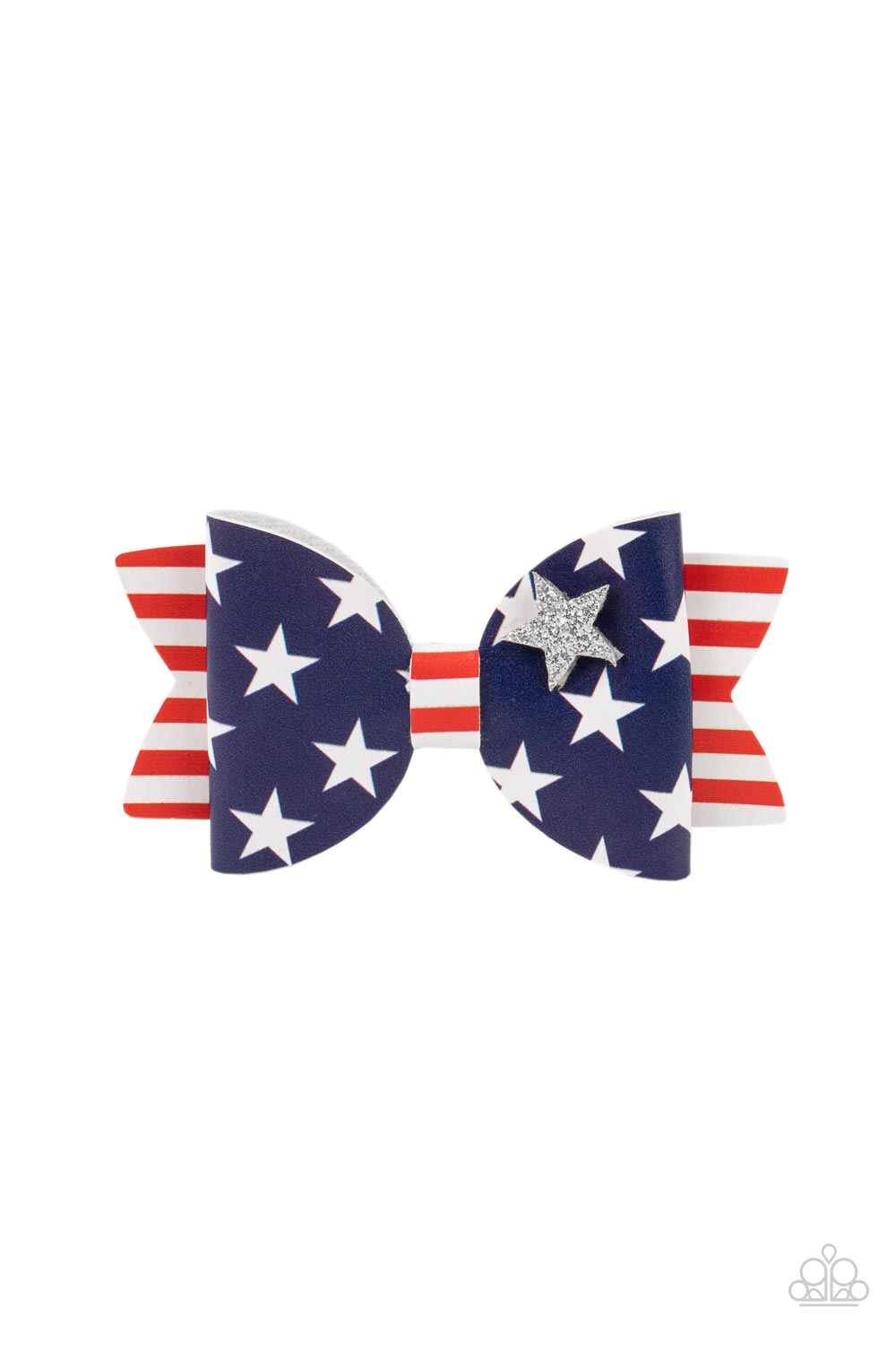 Paparazzi Accessories Red, White, and Bows - Multi A glittery silver star dots the corner of a leathery bow adorned in red and white stripes and white stars against a blue background, creating a patriotic centerpiece. Features a standard hair clip on the
