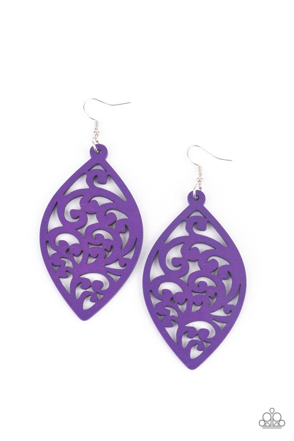 Paparazzi Accessories Coral Garden - Purple Painted in a vibrant purple finish, a floral motif permeates an airy oval wooden frame creating a tropical-inspired lure. Earring attaches to a standard fishhook fitting. Sold as one pair of earrings. Jewelry