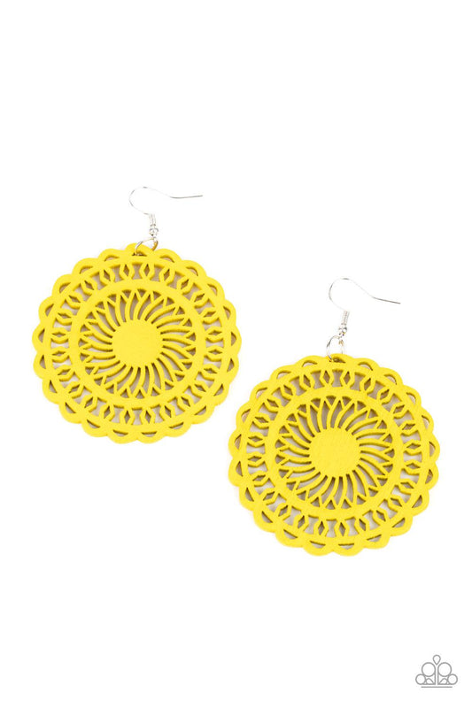 Paparazzi Accessories Island Sun - Yellow Painted in a sunny yellow finish, a stenciled wooden frame is cutout into a radiating sunburst frame for a colorfully tropic look. Earring attaches to a standard fishhook fitting. Sold as one pair of earrings. Jew