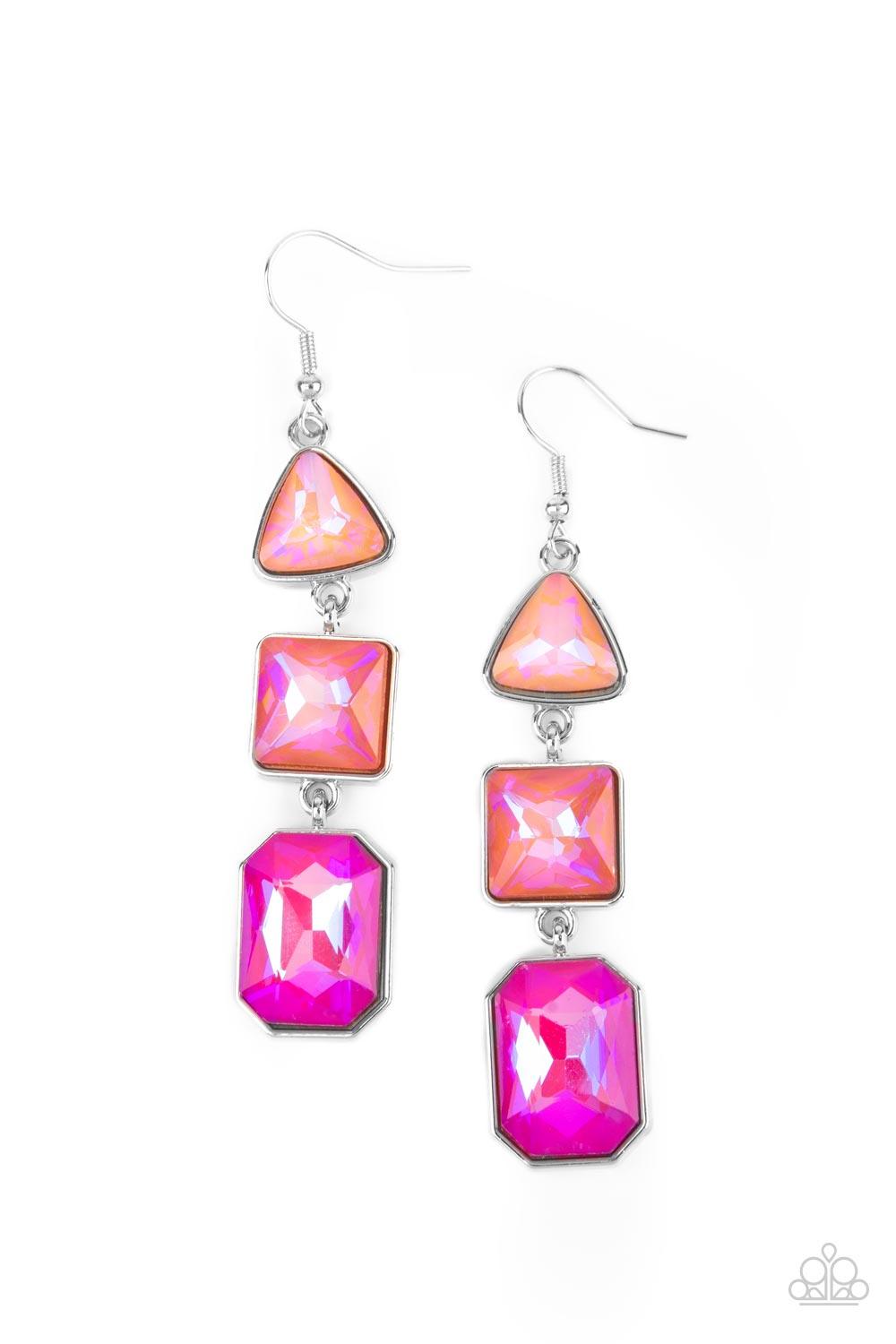 Paparazzi Accessories Cosmic Culture - Pink Featuring a UV shimmer, a trio of geometrically shaped gems, graduating in color from light to dark, are pressed into silver frames and link together culminating in a cosmically stellar lure. Earring attaches to