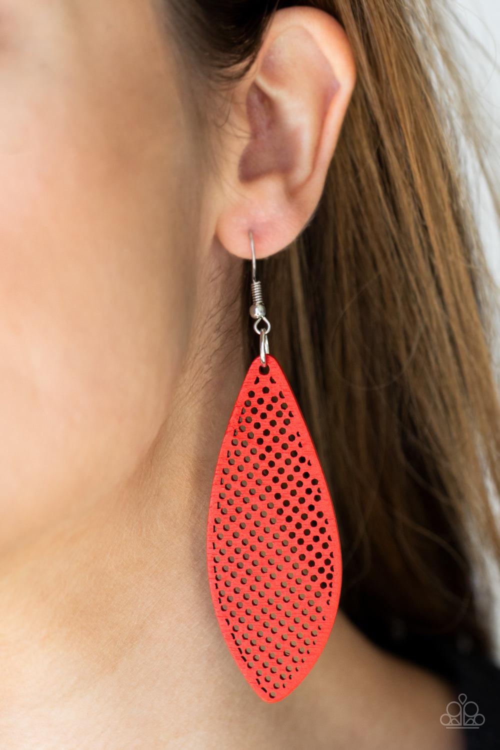 Paparazzi Accessories Surf Scene - Red In an asymmetrical surfboard-like shape, lightweight wooden frames are painted in a vibrant red finish and filled with a screen-like pattern creating a whimsically beachy design. Earring attaches to a standard fishho