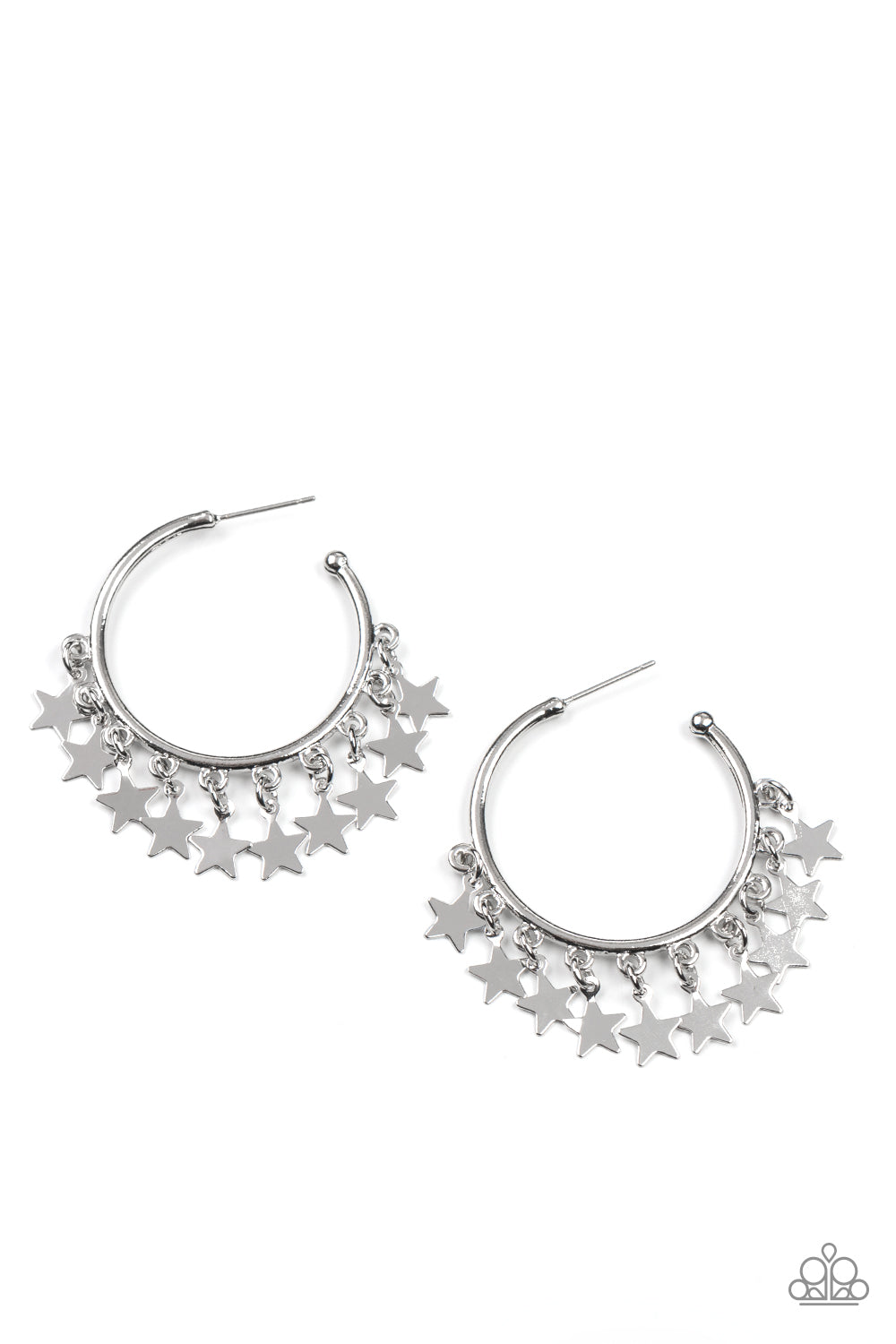 Paparazzi Accessories Happy Independence Day - Silver A shiny collection of silver star charms trickles from the bottom of a classic silver hoop, creating a stellar fringe. Earring attaches to a standard post fitting. Hoop measures approximately 1 1/4" in