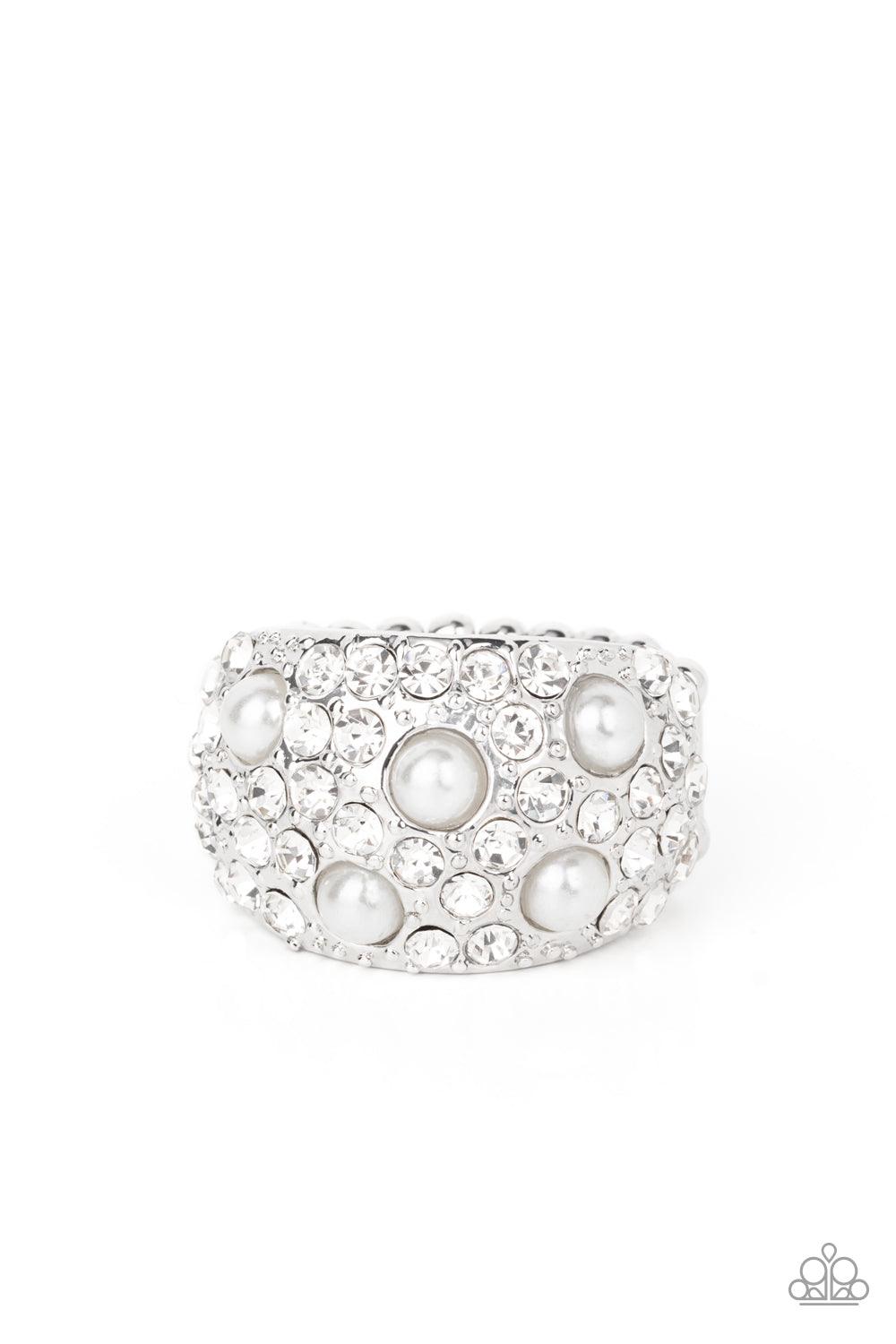 Paparazzi Accessories Gatsbys Girl - White An explosion of dainty white rhinestones and bubbly white pearls are encrusted across the front of a thick silver band, creating a glamorous centerpiece atop the finger. Features a stretchy band for a flexible fi