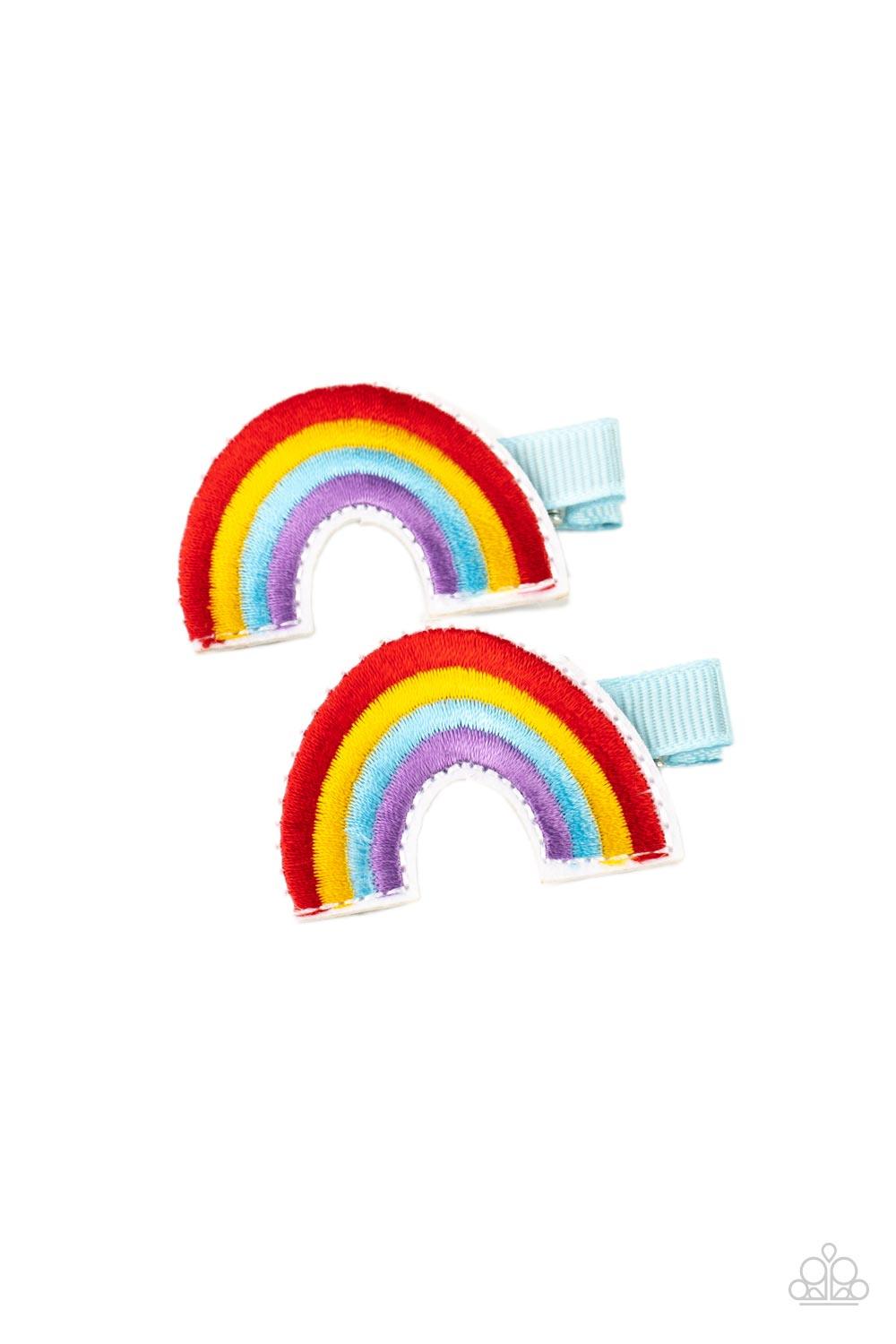 Paparazzi Accessories Follow Your Rainbow - Multi Red, yellow, blue, and purple threaded rows arc into a magical pair of rainbows. Each rainbow features a standard duck bill hair clip on the back. Sold as one pair of hair clips. Jewelry