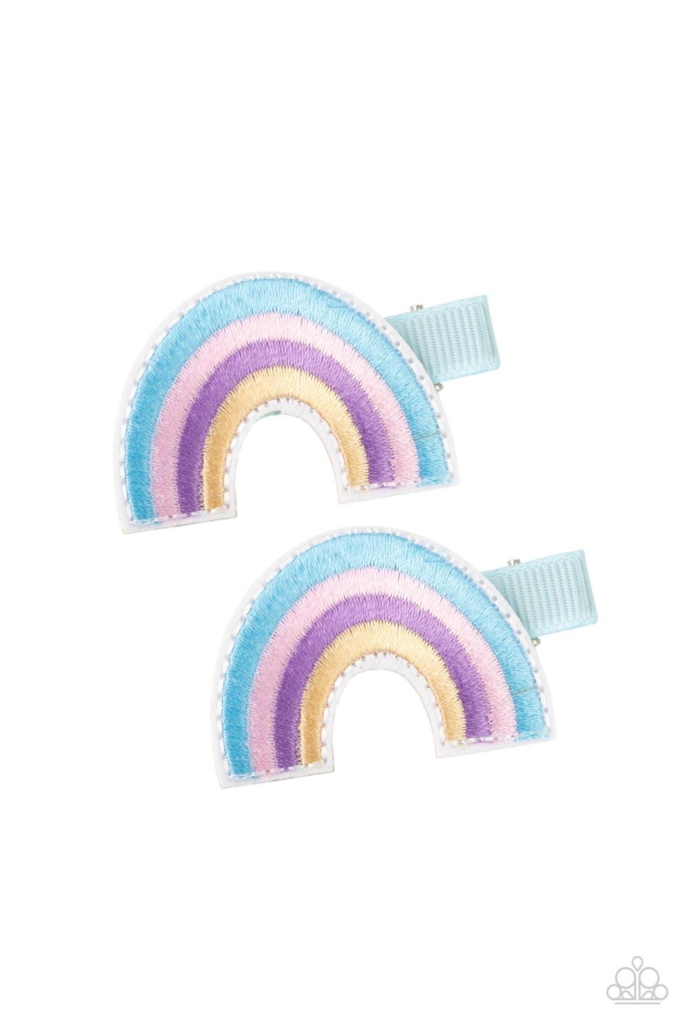 Paparazzi Accessories Follow Your Rainbow - Blue Blue, pink, purple, and golden threaded rows arc into a magical pair of rainbows. Each rainbow features a standard duck bill hair clip on the back. Sold as one pair of hair clips. Hair Claws & Clips