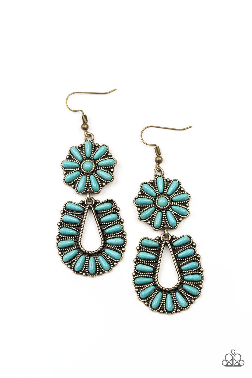 Paparazzi Accessories Badlands Eden - Brass Infused with studded brass fittings, two turquoise stone frames connect into a squash blossom for an authentically southwestern inspired look. Earring attaches to a standard fishhook fitting. Sold as one pair of