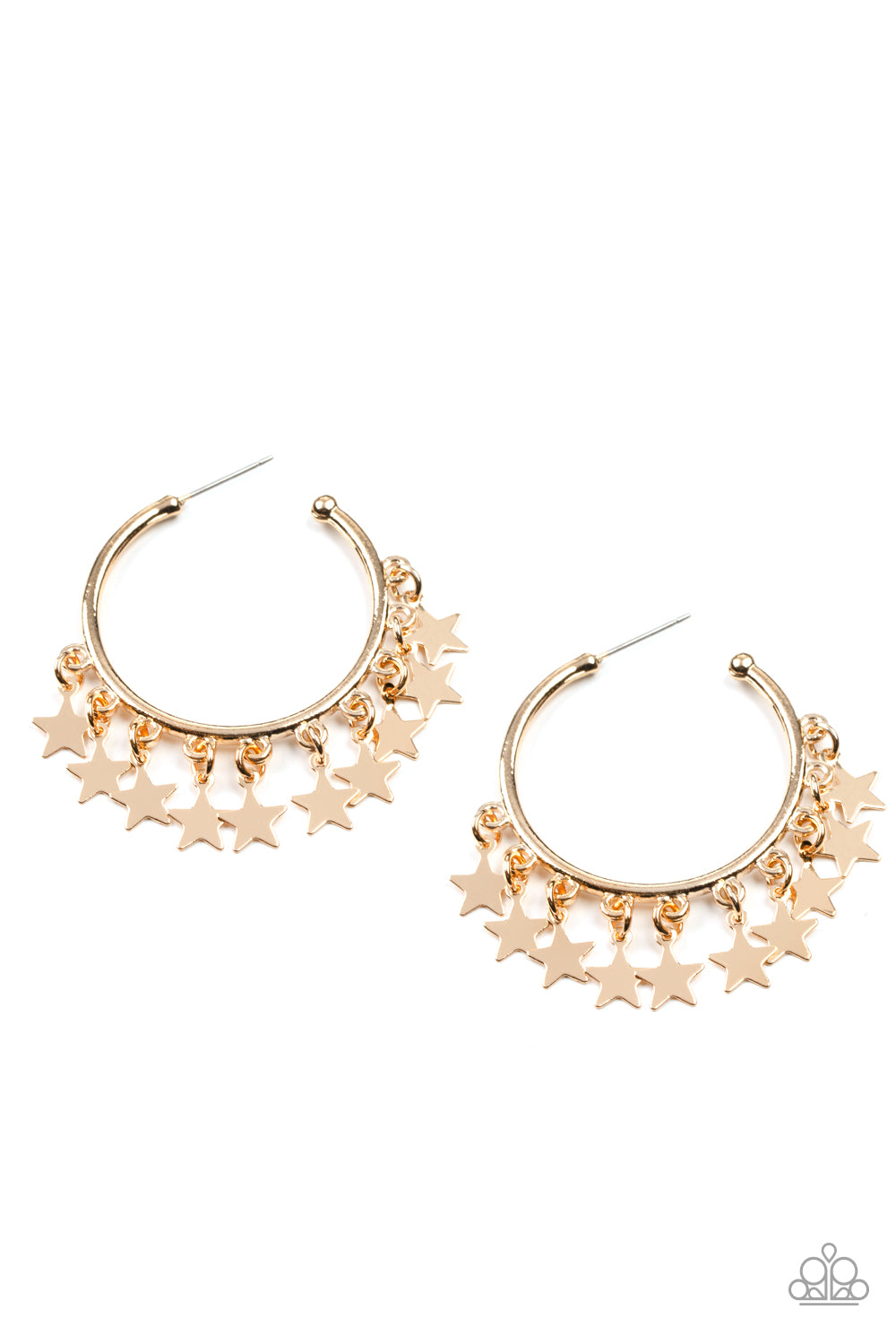 Paparazzi Accessories Happy Independence Day - Gold A shiny collection of gold star charms trickles from the bottom of a classic gold hoop, creating a stellar fringe. Earring attaches to a standard post fitting. Hoop measures approximately 1 1/4" in diame