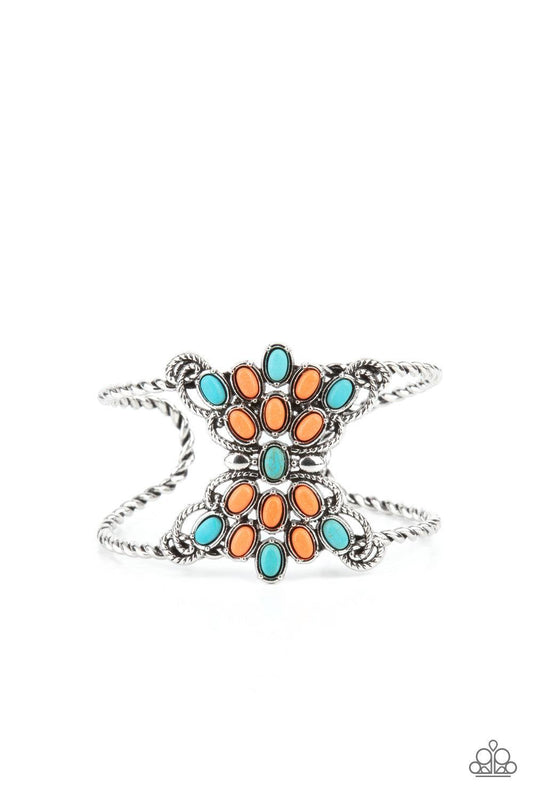 Paparazzi Accessories Pleasantly Plains - Multi Infused with studded silver fittings, a refreshing collection of turquoise and orange oval stones coalesce inside scalloped rows of silver ropelike filigree. The earthy stone centerpiece sits atop an airy si
