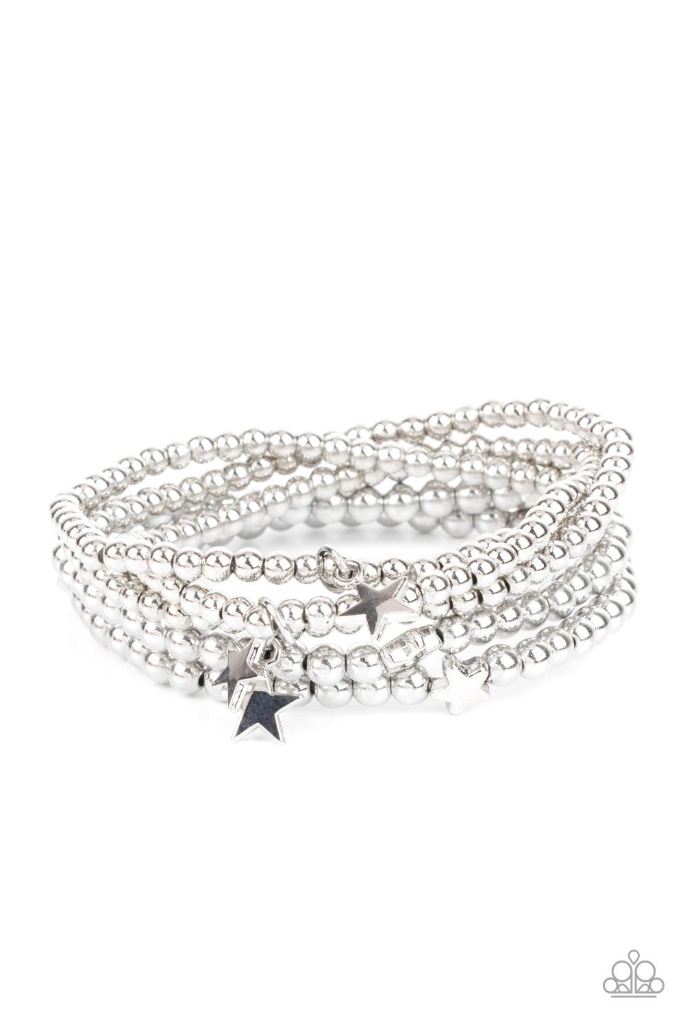 Paparazzi Accessories American All-Star - Silver Infused with dainty silver star beads and shiny silver star charms, strands of silver beaded stretchy bands stack across the wrist, creating a patriotic shimmer. Sold as one individual bracelet. Jewelry