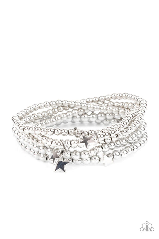 Paparazzi Accessories American All-Star - Silver Infused with dainty silver star beads and shiny silver star charms, strands of silver beaded stretchy bands stack across the wrist, creating a patriotic shimmer. Sold as one individual bracelet. Jewelry