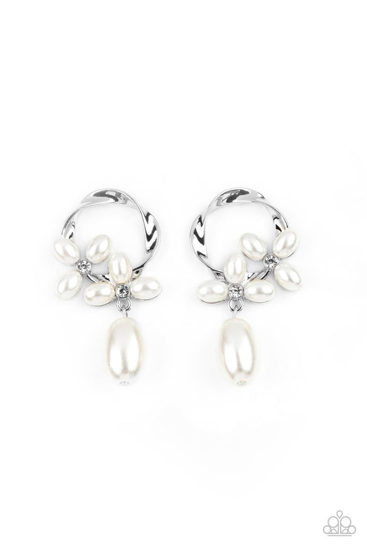 Paparazzi Accessories Elegant Expo - White An oversized oval pearl bead swings from the bottom of a twisted silver hoop that is embellished in oval white pearls and dainty white rhinestones, creating a vintage display. Earring attaches to a standard post