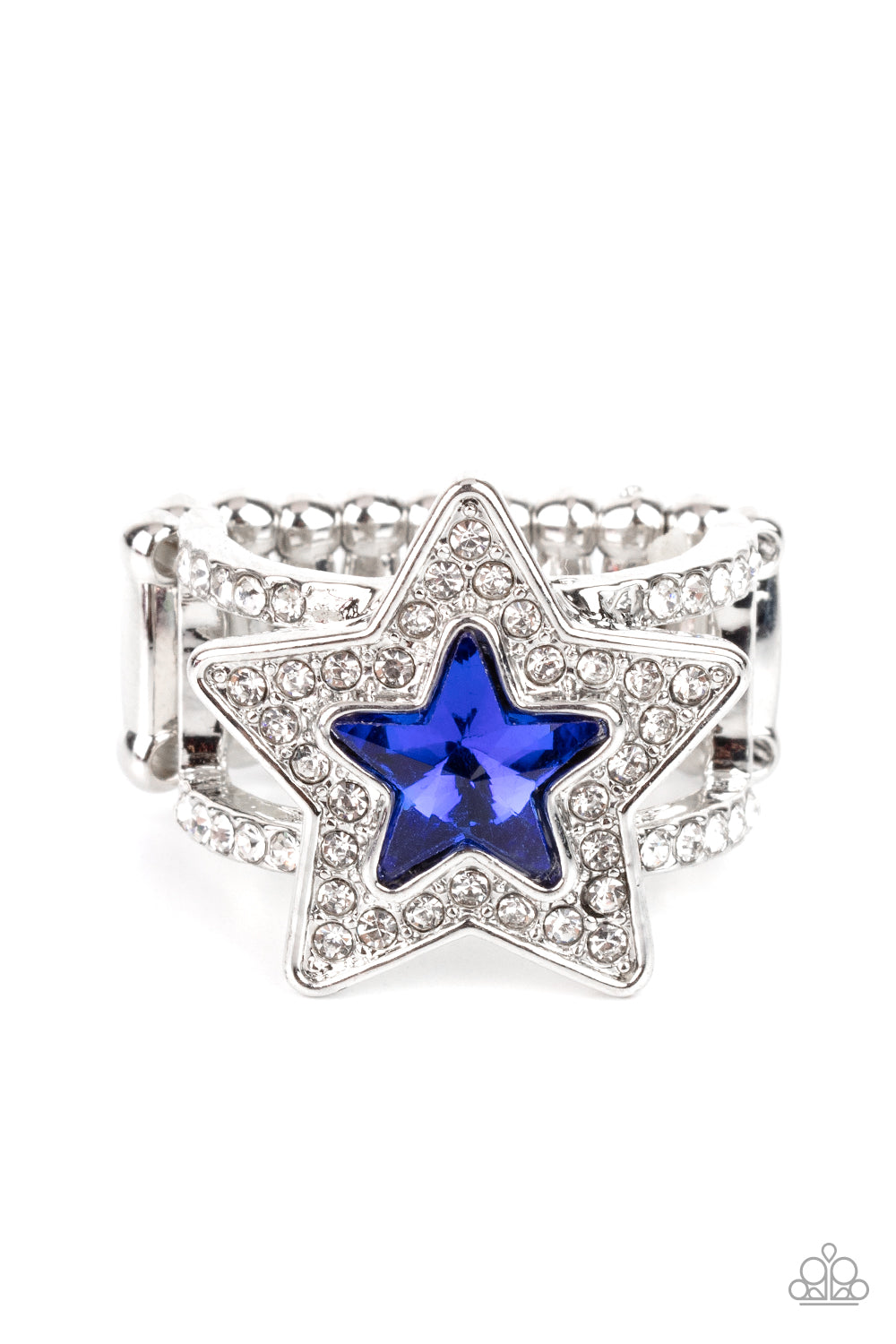 Paparazzi Accessories One Nation Under Sparkle - Blue A star shaped blue gem is pressed into the center of a silver star dotted in blinding white rhinestones, creating a stellar centerpiece atop two white rhinestone encrusted silver bands. Features a stre