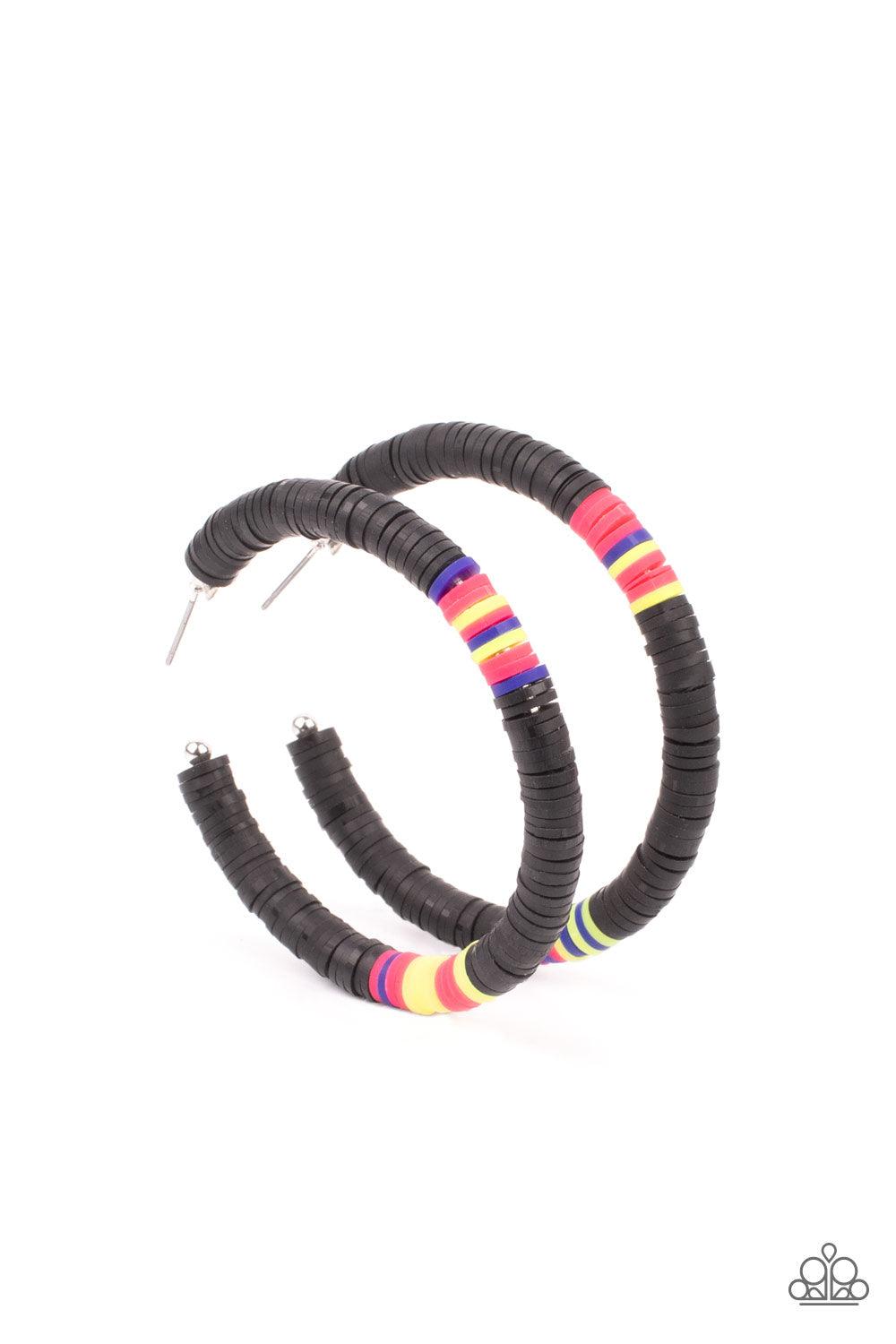 Paparazzi Accessories Colorfully Contagious - Black Rubbery black, pink, blue, and yellow bands are threaded along an oversized silver hoop, creating a courageous pop of color. Earring attaches to a standard post fitting. Hoop measures approximately 2 1/4
