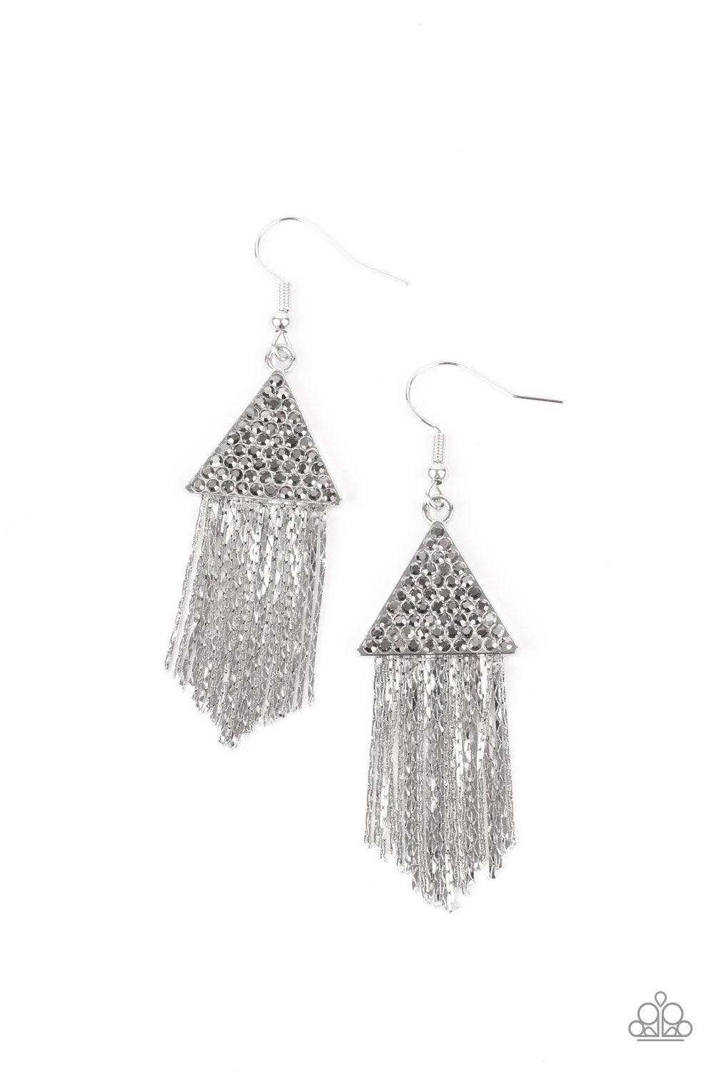 Paparazzi Accessories Pyramid SHEEN - Silver Encrusted in dainty hematite rhinestones, a silver triangle frame gives way to a tapered fringe of flat silver chains for a smoldering effect. Earring attaches to a standard fishhook fitting. Sold as one pair o