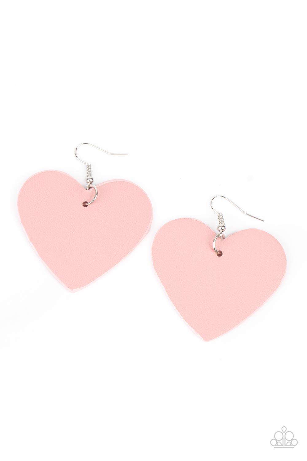 Paparazzi Accessories Country Crush - Pink A pink leather heart frame swings from the ear for a flirtatious pop of color. Earring attaches to a standard fishhook fitting. Sold as one pair of earrings. Earrings
