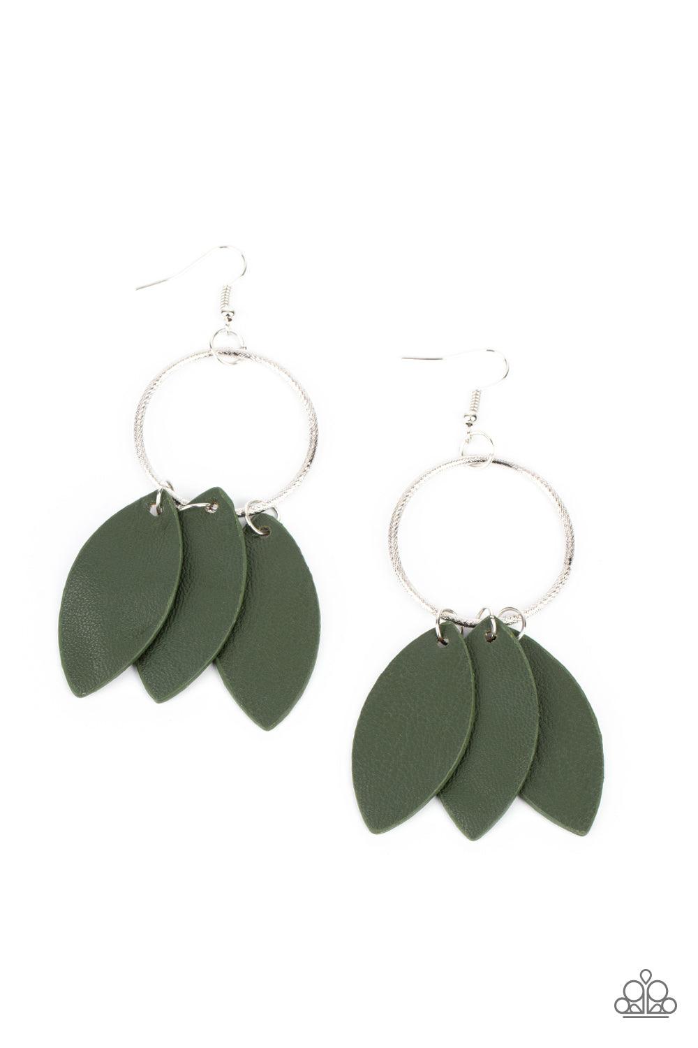 Paparazzi Accessories Leafy Laguna - Green Leafy green leather frames swing from the bottom of a textured silver hoop, creating an earthy fringe. Earring attaches to a standard fishhook fitting. Sold as one pair of earrings. Jewelry