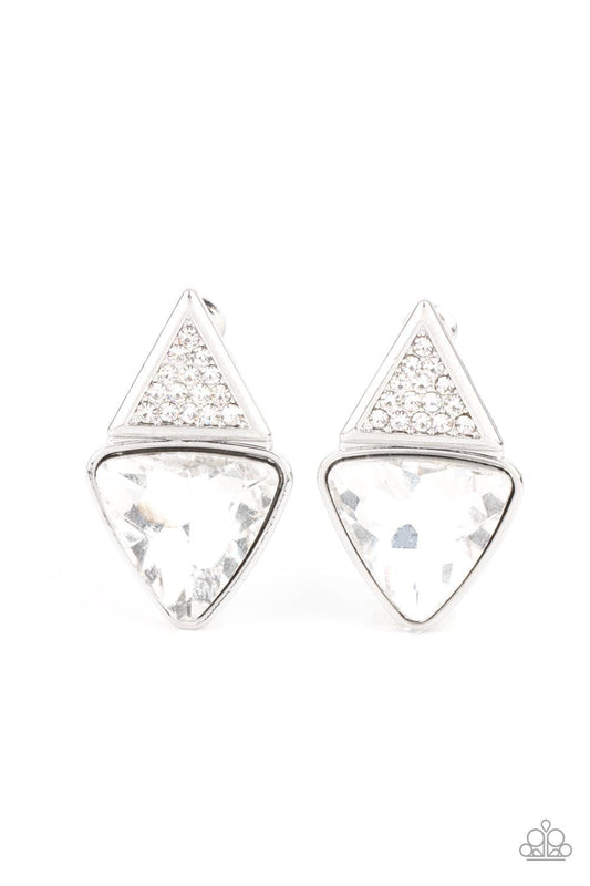 Paparazzi Accessories Risky Razzle - White Encrusted in glassy white rhinestones, a dainty silver triangle frame attaches to an oversized white triangular gem for a modern twist. Earring attaches to a standard post fitting. Sold as one pair of post earrin
