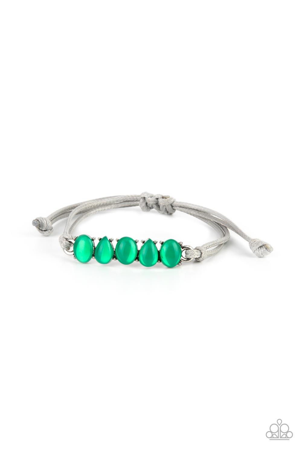 Paparazzi Accessories Opal Paradise - Green Featuring silver pronged fittings, a row of oval and teardrop opal Mint beads delicately connects into a solitaire frame. The ethereal centerpiece is knotted in place with rows of shiny gray cording, creating a