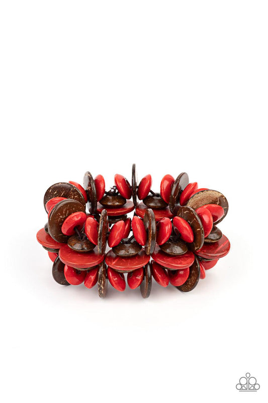 Paparazzi Accessories Caribbean Canopy - Red A collection of red and brown disc-shaped wooden beads are threaded along stretchy bands creating a tropical island vibe around the wrist. Sold as one individual bracelet. Bracelets