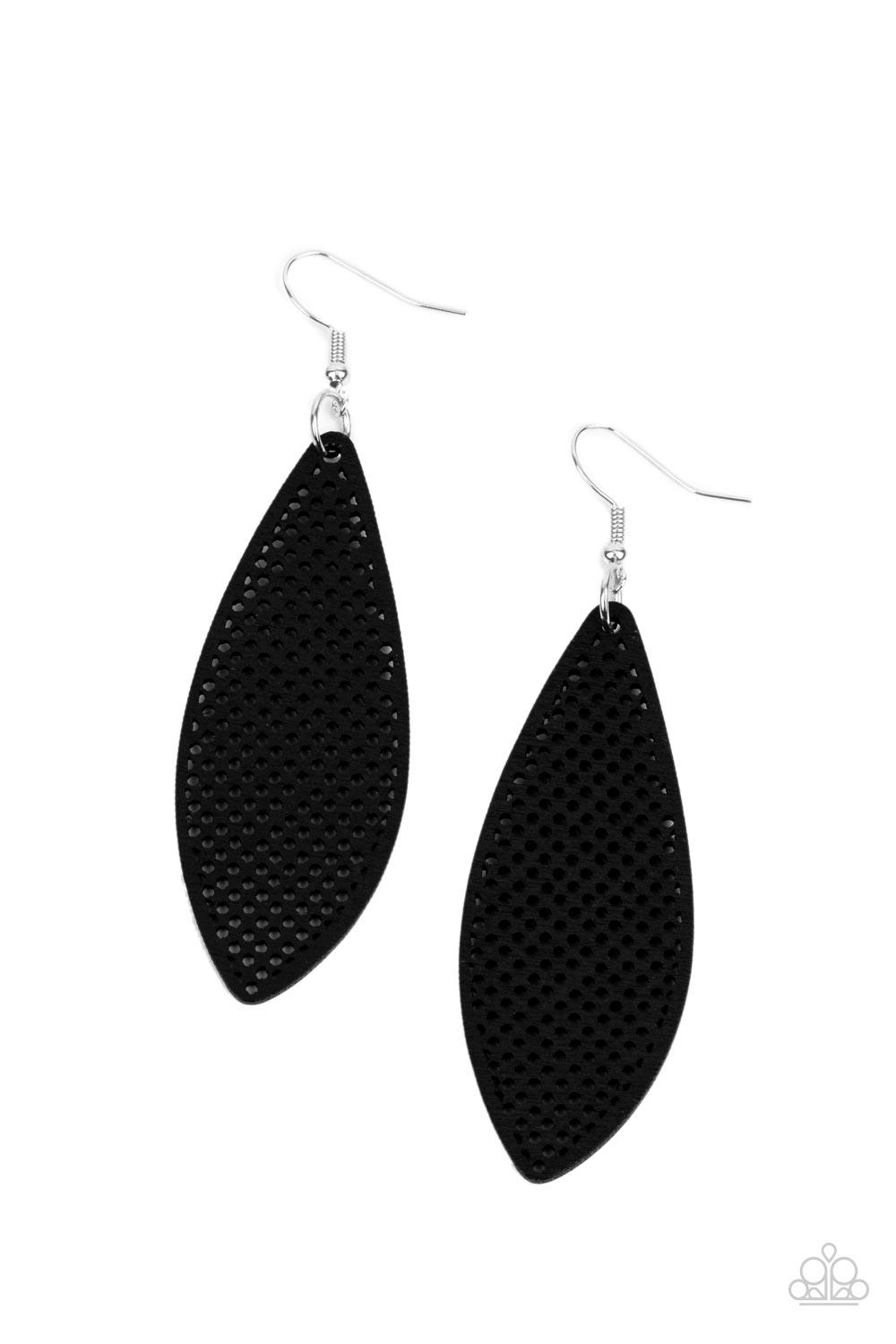 Paparazzi Accessories Surf Scene - Black In an asymmetrical surfboard-like shape, lightweight wooden frames are painted in a deep black finish and filled with a screen-like pattern creating a whimsically beachy design. Earring attaches to a standard fishh
