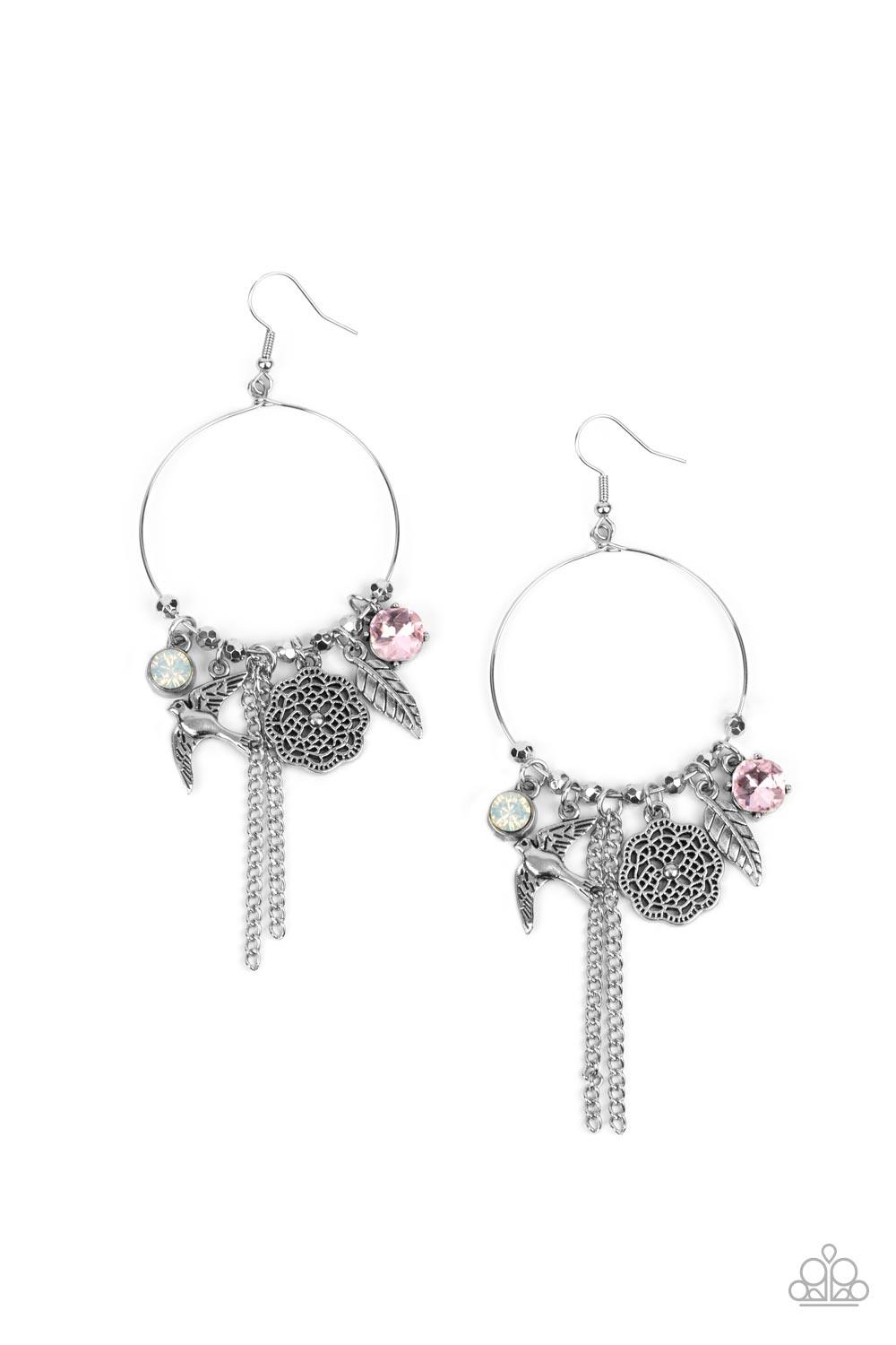 Paparazzi Accessories TWEET Dreams - Pink Free-spirited charms, including pink and iridescent gems, a floral medallion, a bird in flight, and a fluttering feather, dangle from a dainty silver ring coalescing into a charming lure. Earring attaches to a sta