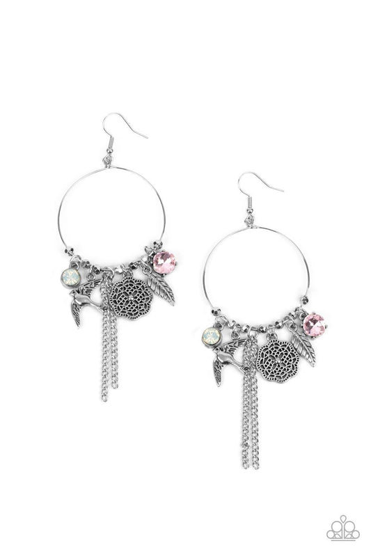 Paparazzi Accessories TWEET Dreams - Pink Free-spirited charms, including pink and iridescent gems, a floral medallion, a bird in flight, and a fluttering feather, dangle from a dainty silver ring coalescing into a charming lure. Earring attaches to a sta
