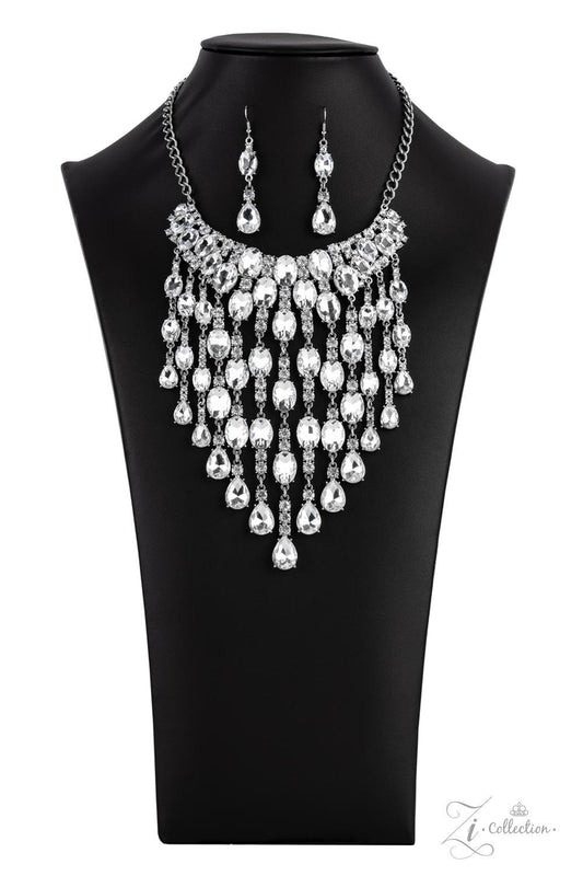 Paparazzi Accessories Majestic An intoxicating display of oversized oval and teardrop white gems dramatically drip below the collar. Enhanced with majestically mismatched white rhinestone fittings, the twinkly tassels cascade from the bottom of overloaded