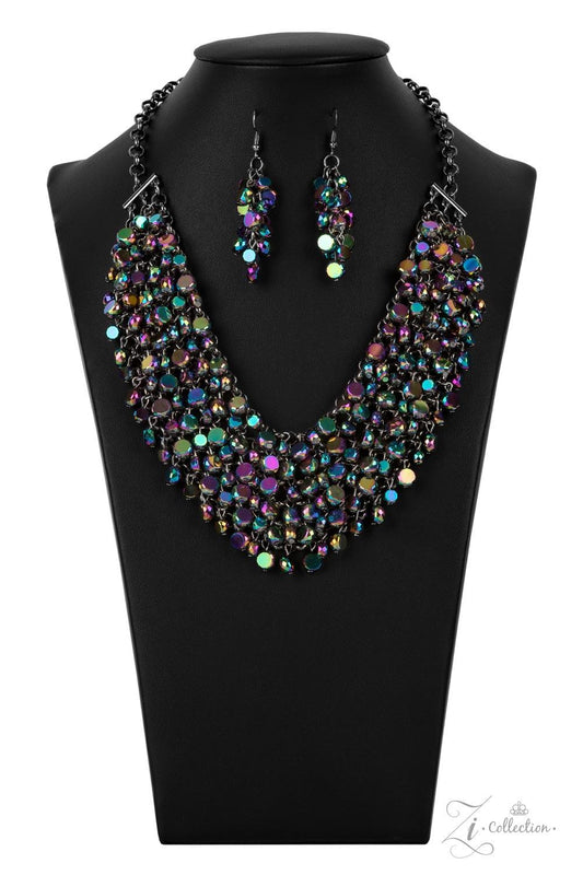 Paparazzi Accessories Vivacious Fiercely faceted oil spill beads flawlessly cascade from row after row of boldly interlocking gunmetal links that connect into an intense metallic netted backdrop. Attached to matching chunky gunmetal chains, the effervesce